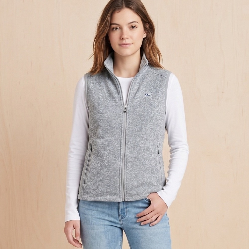 Vineyard Vines Youth L 16 Fleece Vest Sweater Full Zip Gray Fits Women XS